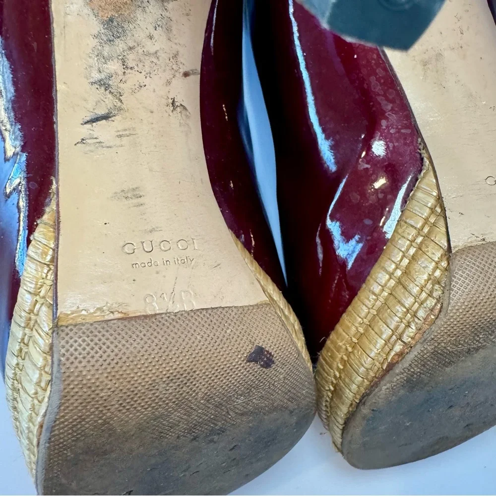 Gucci Burgundy Patent Leather Sandal W Bamboo Platform & Horsebit Accent Sz 8.5 - Picture 14 of 15